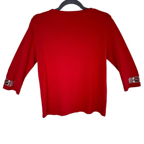 Distinct Red 3/4 Sleeve V-Neck Embellished Stretchy Pullover Blouse Size M - Picture 2 of 6